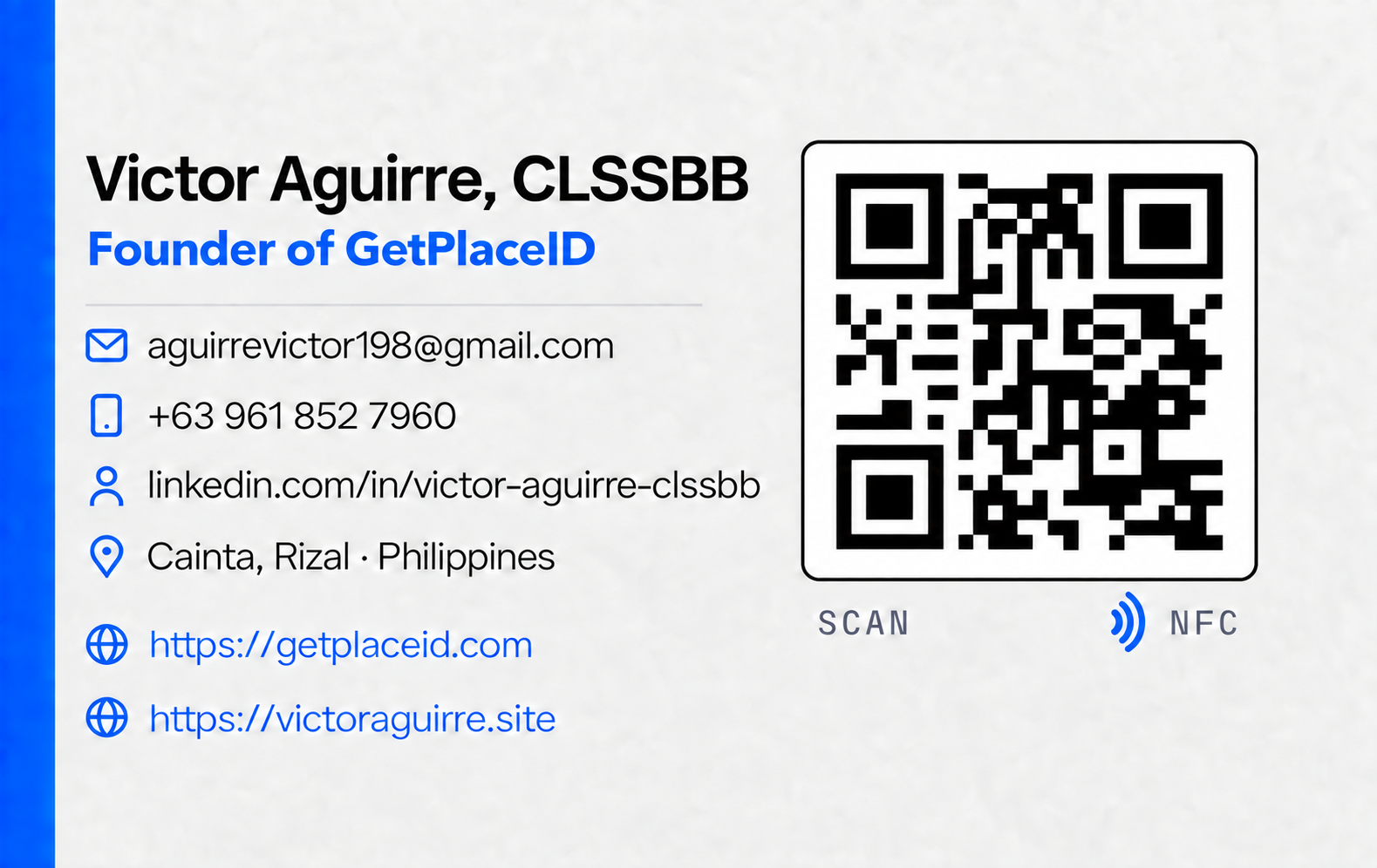 Victor Aguirre, CLSSBB. Founder of GetPlaceID. Email aguirrevictor198@gmail.com. Phone +63 961 852 7960. Cainta, Rizal, Philippines.